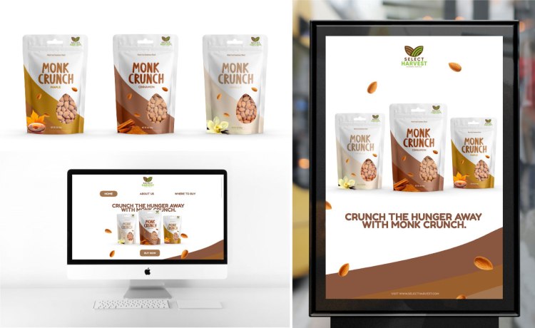 Monk Crunch flavored almonds packaging, website and kiosk by Diego Sanchez.