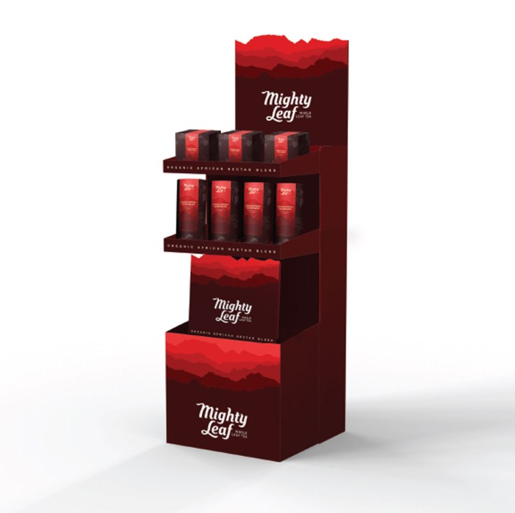 Mighty Leaf Tea branding shows point of purchase display and packaging by Grand Woods.