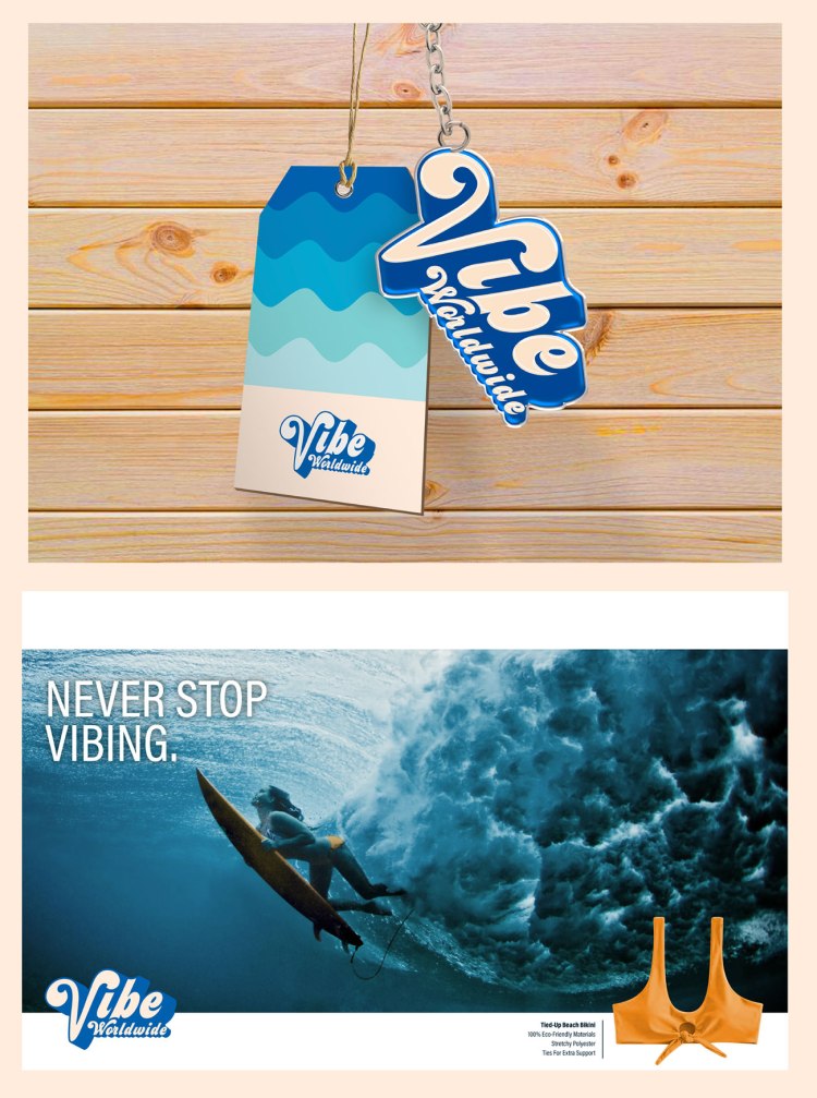 Vibe branding includes keychain, product tag and advertisement by Grant Woods.