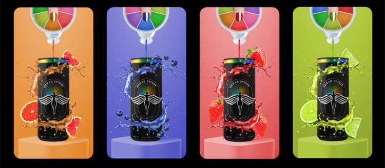 Four cans of Clear Spirit designed by Grant Woods. The cans are black with grapefruit, blueberry, strawberry and lime backgrounds.