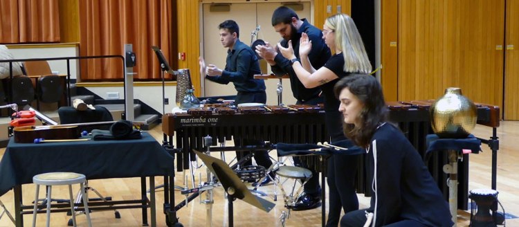 Percussionist perform in the Fresno State Concert Hall