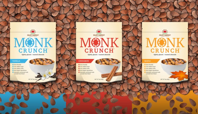 Monk Crunch almond packaging.
