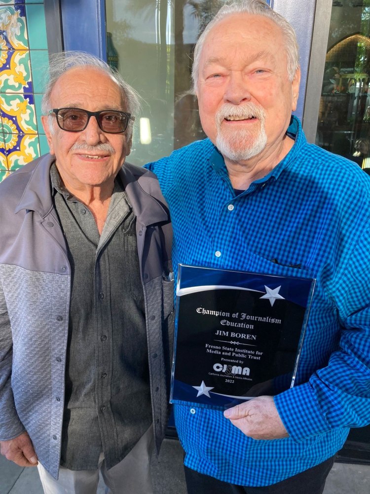 EEd Galdrikian (left), two-time honoree, presented the Champion of Journalism Education Award to Jim Boren (right), Institute for Journalism and Public Trust in Fresno.