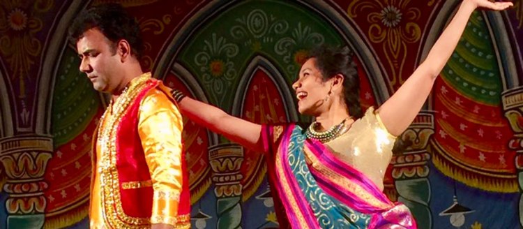 Devendra Sharma performing as Mahoba prince Indal with Sharvari Deshpande as princess Chitralekha of Balk-Bukhara, at the South Asia Conference of University of Wisconsin-Madison in 2015.