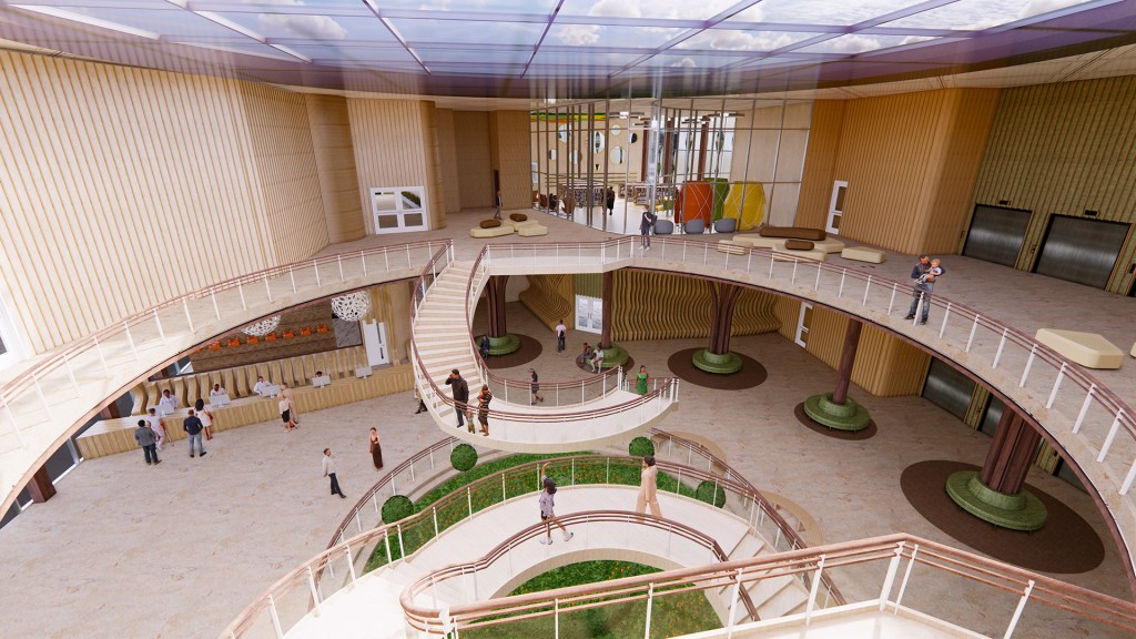 A second floor view of the helical staircase in the Aviv Wellness rendering.