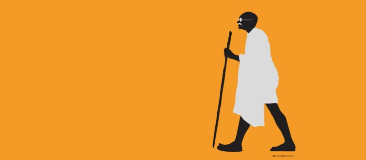Silhouette illustration of Gandhi, dressed in a white robe with a walking stick on an orange background. Artwork by Albert Haro.