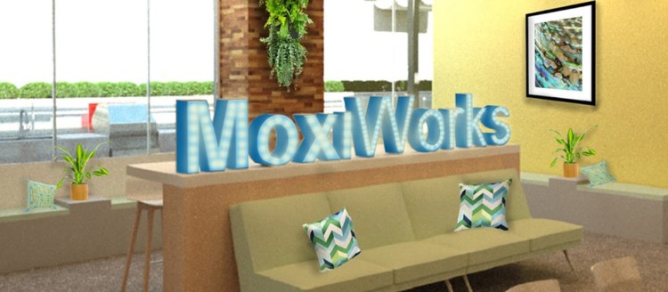 MoxiWorks logo in a rendering of the kitchen area designed by interior design students.