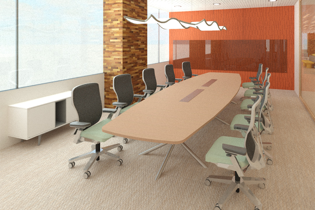 The room shows a big table in pale color and 10 teal chairs. The room has a big light over the table. The walls have windows on one side and orange wallpaper on the one adjacent to the windows. The carpet is off white matching the table.