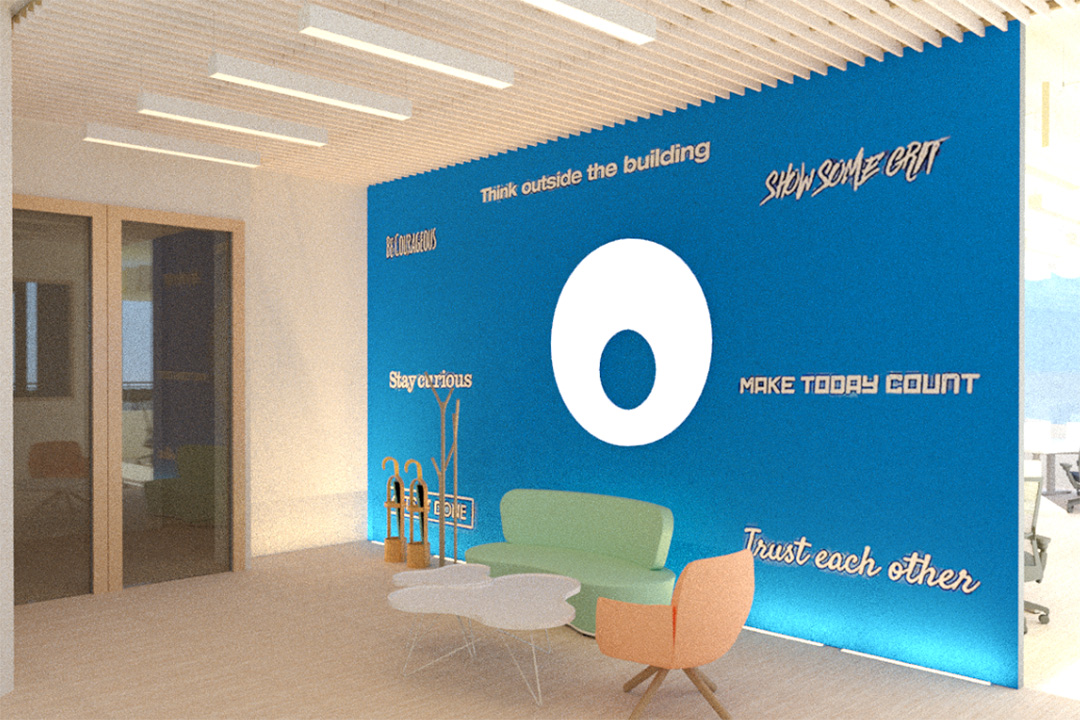 The Entry wall is made in bright blue color. It has many motivational quotes for the employees like "Think outside the building," "Show some grit," "Make today count" and many more.