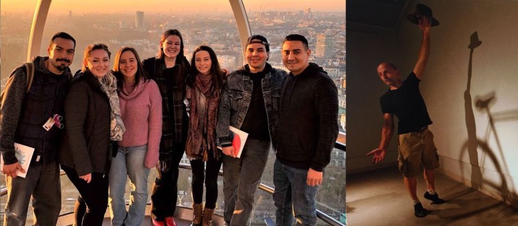 Left: 2019 students in the London Eye: Albert Haro, Shirin Rawls, Xena Senn, Sarah Theller, Jasmin Parker, Erik Escovedo, Eddie Reveles. Right. Edward Lund plays with light and shadow with a had and a bicycle.