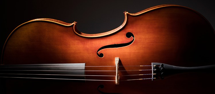 A cello with dramatic lighting, sideways, on a black background.