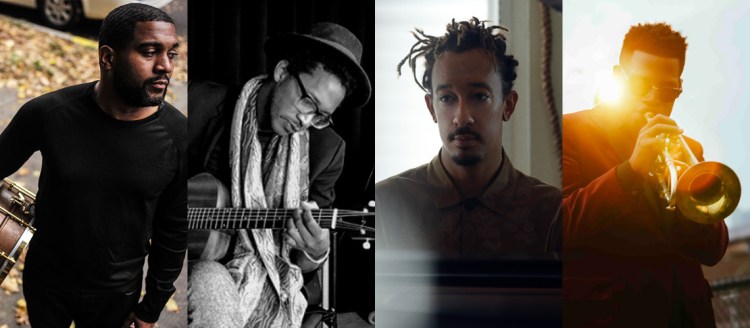 Damion Reid holds a snare drum, Brandon Eugene Owens plays his base guitar, Gerald Clayton and Keyon Harrold plays a trumpet at Sunset.