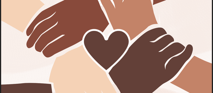 Different shades of hands grasp the arm of the next -- encircling a brown heart.