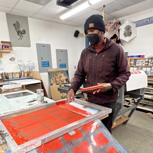 Brown working on his screen-printing project
