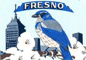 Valley Icons by Aharon Gutierrez. This work ties together Fresno's iconic urban landscapes, deep-rooted agriculture and endemic wildlife to highlight the collection of values and experiences that define the Central Valley. The scrub jay represents freedom, independence, migration and natural beauty, while he almond branch highlights one of our Valley's top exports.