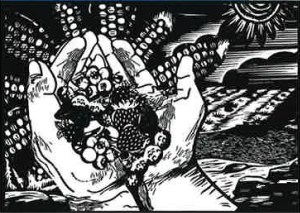 Labor of Fortitude by Krystal Shehaday. Fresno Country alone is a home to approx. 1.88 million acres of the world's most fruitful farmland, This piece gives honor to the farm workers. It depicts a pair of farm worker's hands as they harvest various crops under the hot California sun-signifying farm workers' dedication and labor while they provide two-thirds of the nation's nuts and fruit.