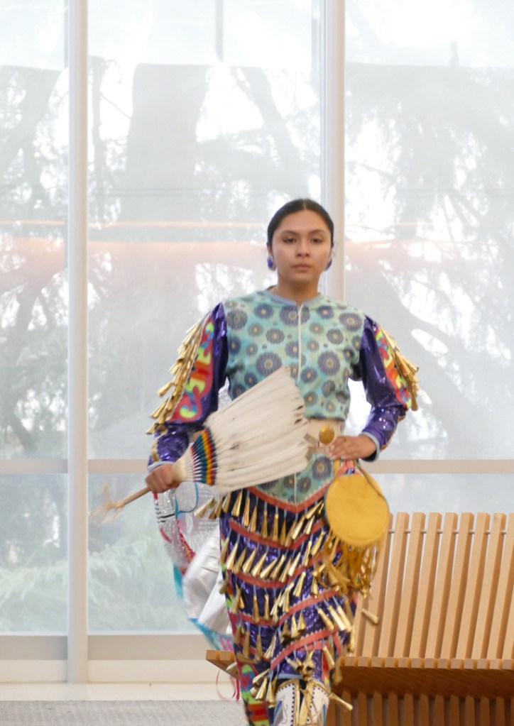 Traditional native woman dancer in multi-colored outfit.