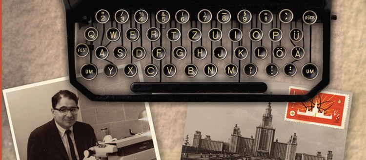Cover of "Dr. Dennis Papazian’s memoir From My Life and Thought: Reflections on an Armenian-American Journey" depicts a typewriter and two postcards, one of Dr. Papazian and the other of the