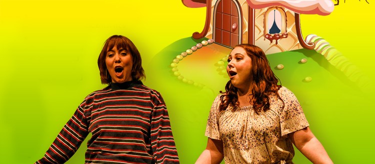 Photo Hansel and Gretel in front of an illustrated bright green background with a cartoonish candy house