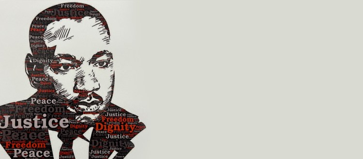 Black and white image of Dr. Martin Luther King, Jr. with text overlaying the black areas.