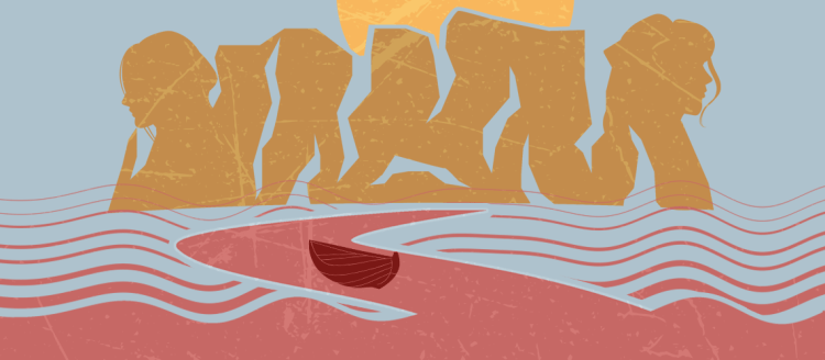 On a blue/grey background, abstracts of orange people stare in different directions above an abstract coral river and maroon wooden boat.