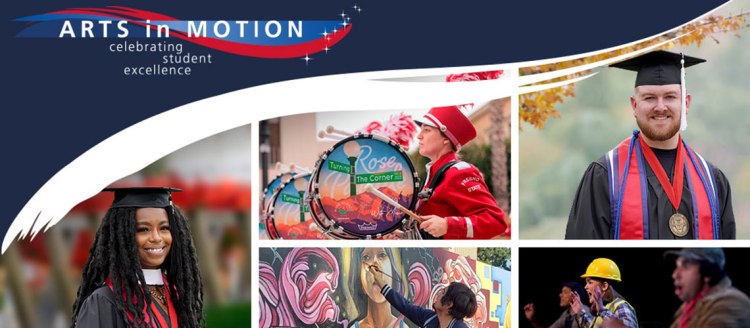 Arts in Motion - Celebrating Student Excellence. Photos of the 2022 President's Medalist Audia Dixon and Steven Hensley along with a bass drummer in the Rose Parade, a painter working on a mural and actors on stage.