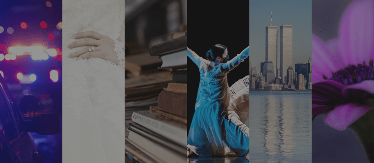 Six images sliced vertically in include city traffic lights, a woman's hand with a ring in front of her wedding dress, a stack of books, a woman dancing with a mask, the Twin Towers and lower Manhattan in New York City and a pink flower.