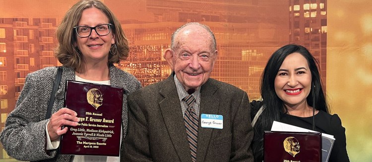 Nicole Little, Mariposa Gazette; George Gruner and Yesenia Amaro, Fresno Bee at the Gruner Awards ceremony.