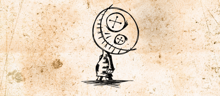 A pen sketch of a person with a sideways smile and Xs between the Os for eyes on a dirty background.