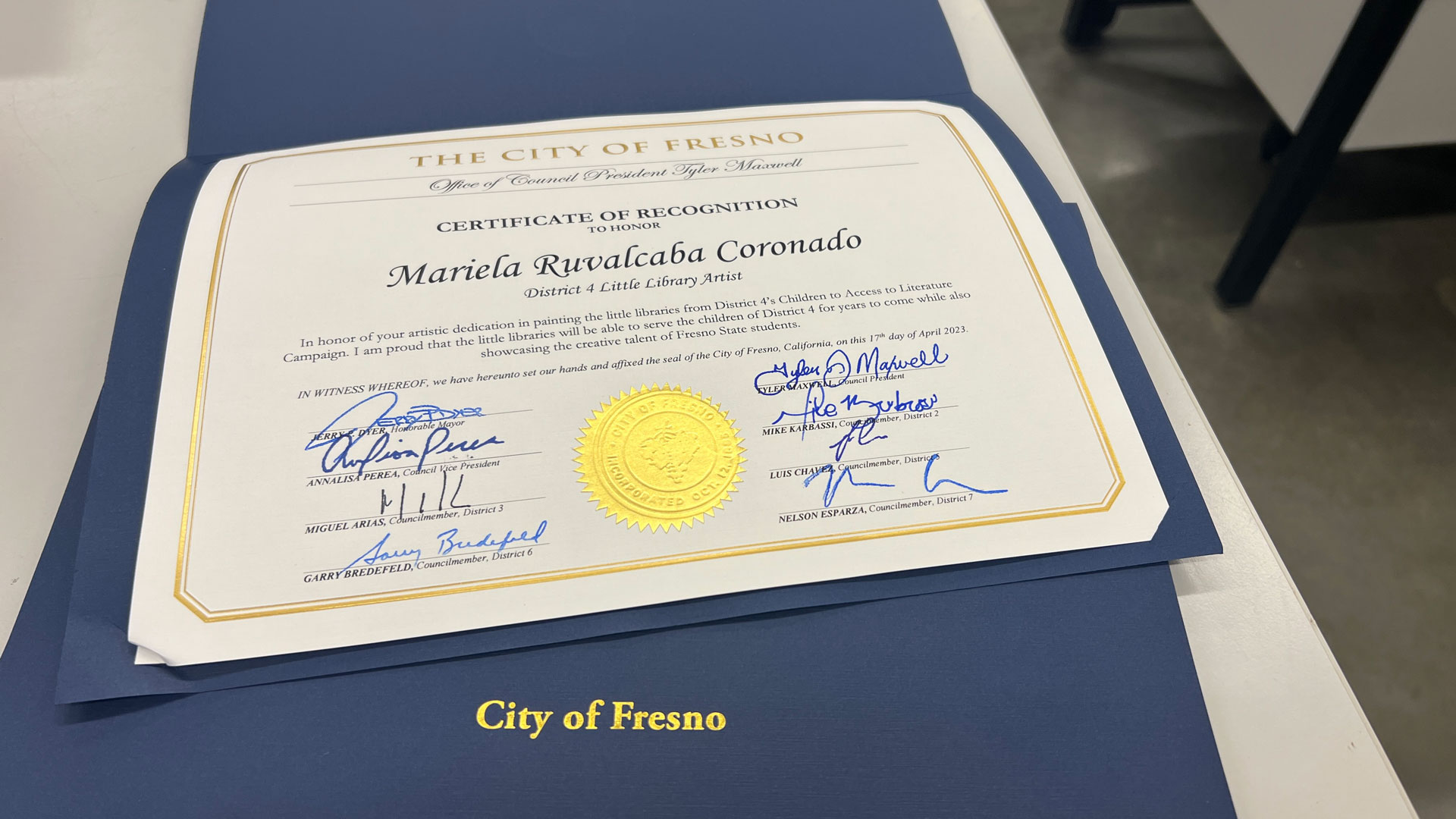 Certificate of recognition signed by Fresno Mayor Jerry Dyer and all the members of the Fresno City Council was presented to each student.