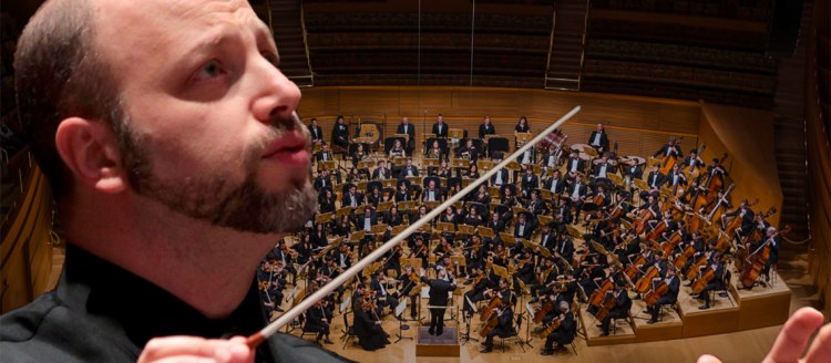 An oversized image of Dr. Thomas Lowenheim directing with a full orchestra behind him.