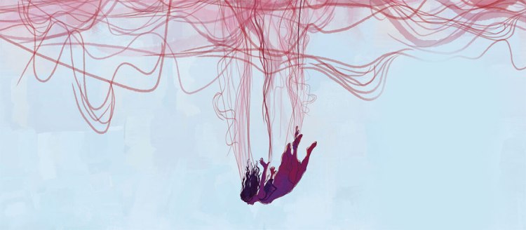 Drawing of a young woman falling through red wavy lines as part of the movie poster for the film "Aurora's Sunrise"