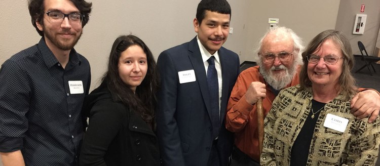 From left, 2016 Zumwalt Scholars Harrison Martin, Erika Ceballos, and Angel Garduno gather with Eugene Zumwalt and Chris Henson at an Arts and Humanities scholarship reception. Photo by Jefferson Beavers.