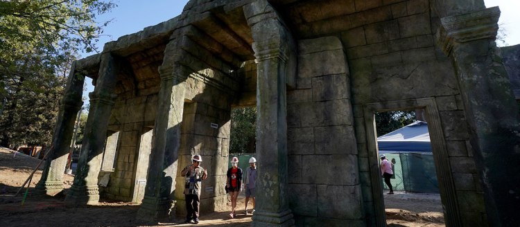 Students walk through a construction site at the Chaffee Zoo's Asian Kingdoms exhibit.