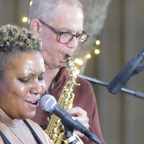 Faylita Hicks and Benjamin Boone perform at the "Nobody Promised You Tomorrow: Art 50 Years After Stonewall" exhibit at Fresno State in 2021. The event was organized by the Center for Creativity and the Arts at Fresno State.