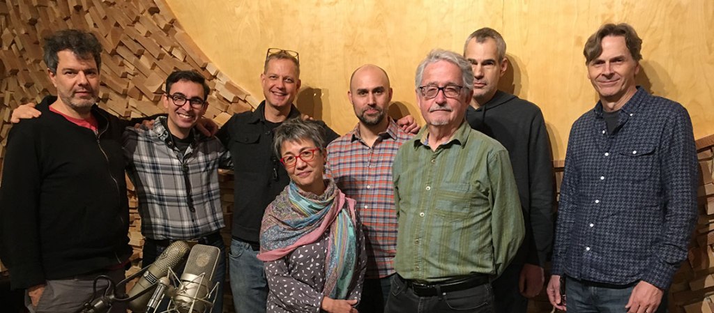 Right to left: Eyal Maoz, guitarist; Hashem Assadullahi, saxophonist; Benjamin Boone, composer and saxophonist; Kimiko Hahn, poet; Peter Brendler, bassist; T.R. Hummer, poet; Ben Monder, guitarist and John Bishop, drums.