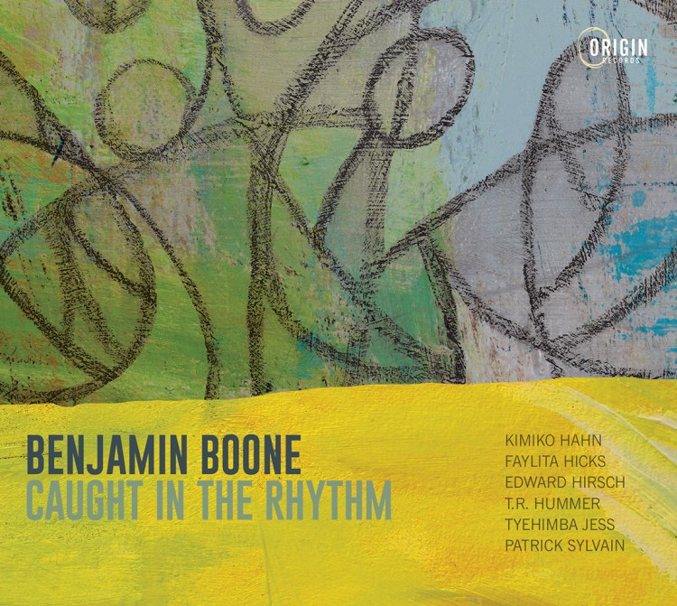 Benjamin Boone - "Caught in the Rhythm" album cover. The top third is blue, green and gray paint strokes with a black simplistic stick-figures in a rough brush. Below is a bright yellow brush stroke overlayed the album title text.