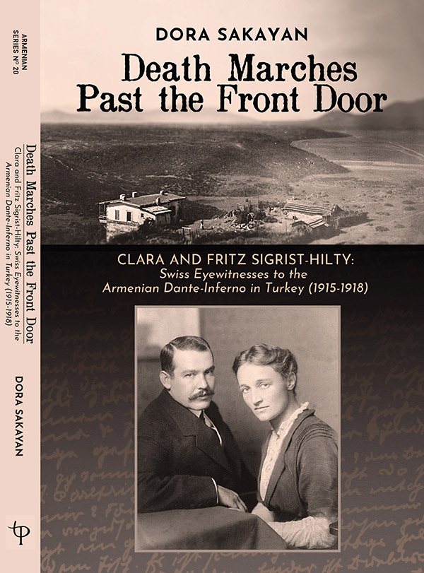 "Death Marches Past the Front Door" book cover. The top is a black and white photo of a farm house with hills in the background. Below is a black and white photo of Clara Fritz Sigrist-Hilty.