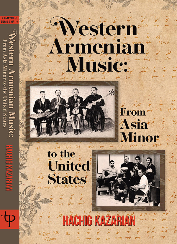 "Western Armenian Music: From Asia Minor to the United States" book cover on a tan patterned background with black and white photographs of musicians playing and holding their instruments.