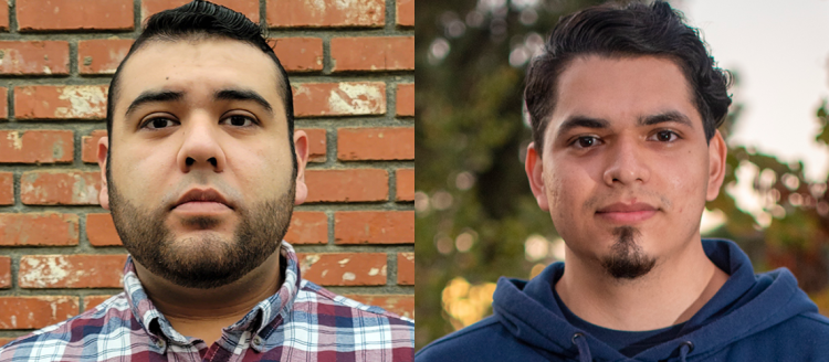 Two different photos of Alberto and Luis. On the left, he has a short beard, a flannel shirt, and is standing in front of a brick wall. On the right, he has a goatee, side part, blue hoodie, and is standing outside with trees behind him.
