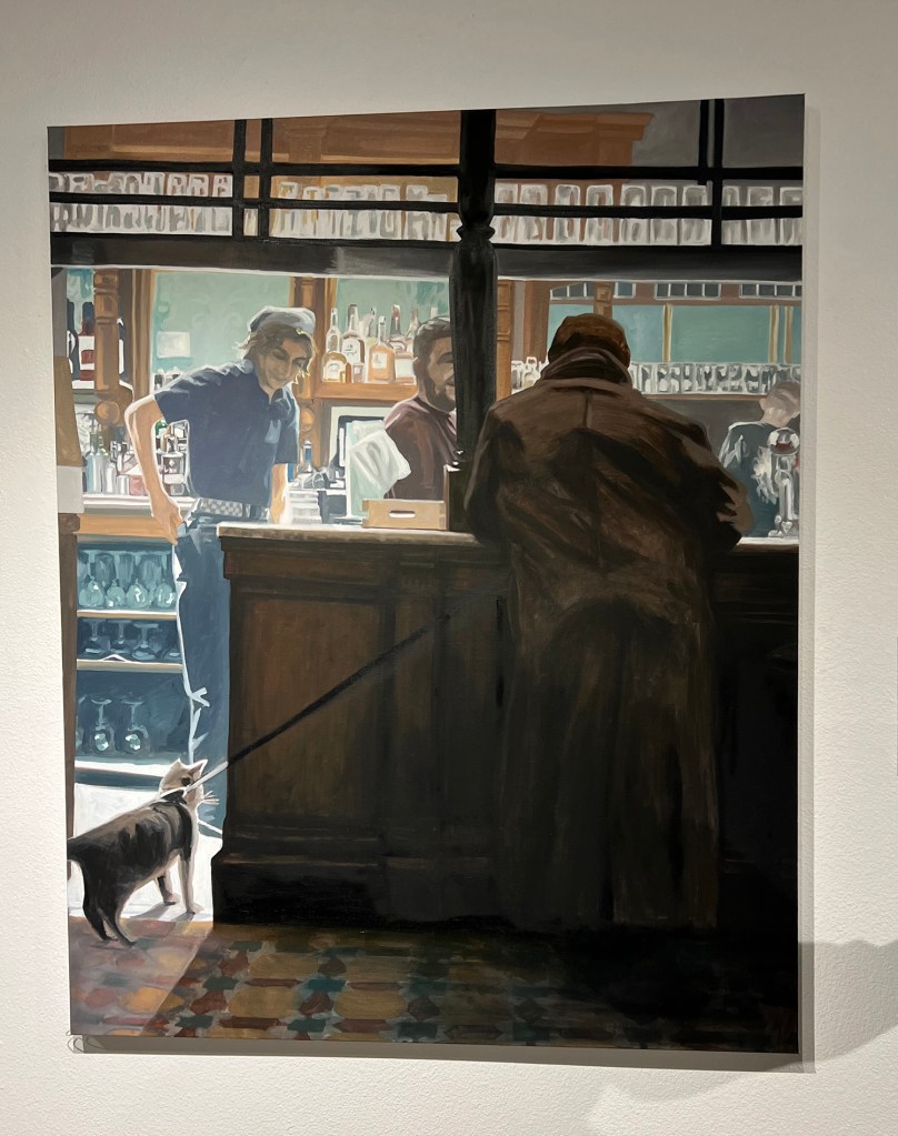 A painting of an English pub with the bar background lit and the foreground dark. the back of a man in a long coat is seen holding a leash with a cat on the other end.