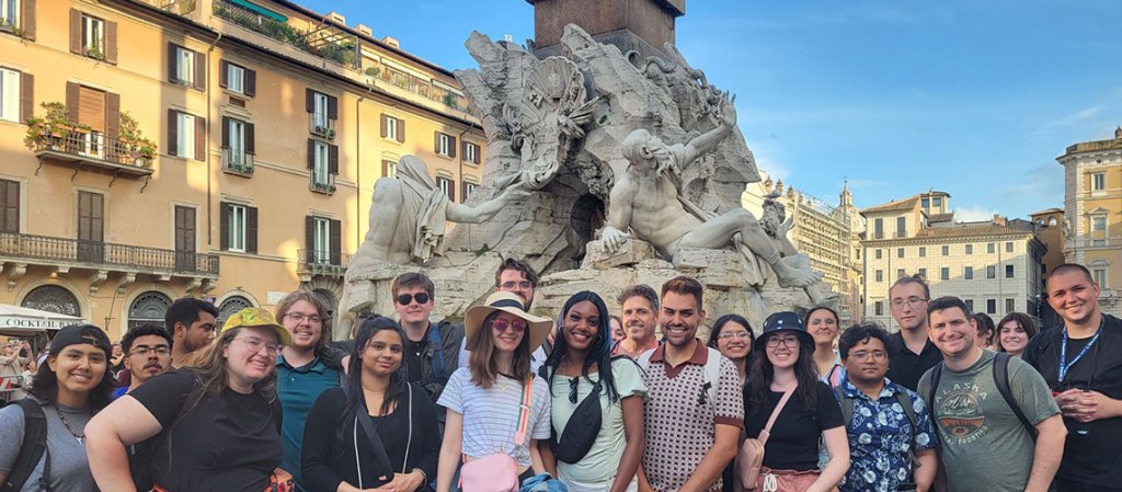 Fresno State students at the Fontana dei Quattro Fiumi in Rome.