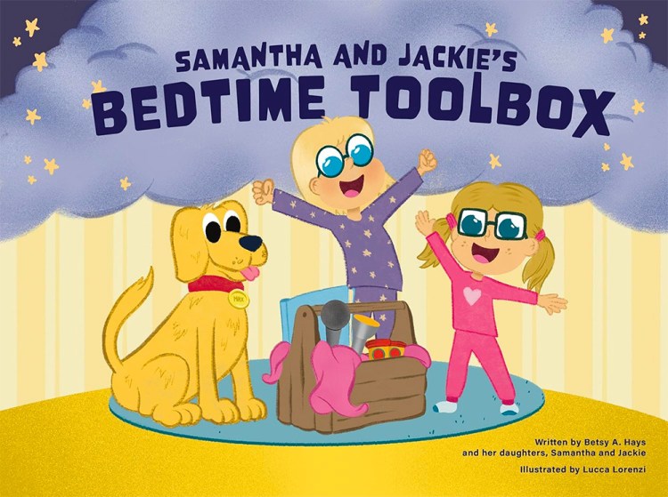 Samantha and Jackie's Bedtime Toolbox book cover. The illustrated cover includes an yellow dog with a red color and two little girls with purple and pink pajamas next to a wooden toolbox with blankets and other miscellaneous items