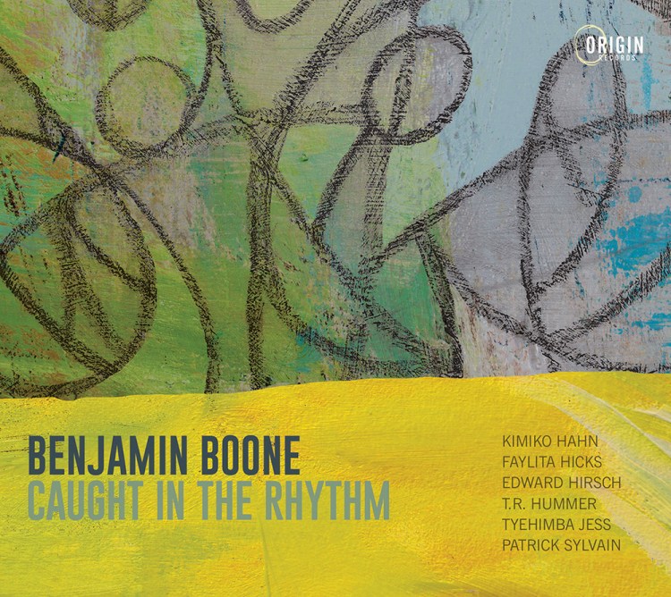 Benjamin Boone Caught in the Rhythm album cover with green, blue and grey painting of human-like figures and a yellow painted backdrop with album text on top.