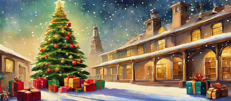 An Adobe Firefly AI depiction of a Christmas tree with presents and falling snow in front of a old building with a warm glow.