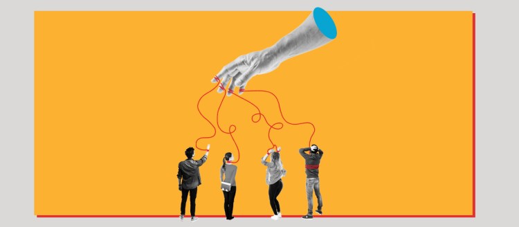 A floating hand and arm has red strings tied to the fingers which are around the wrists, neck and waist of four black and white people figures over a yellow background.