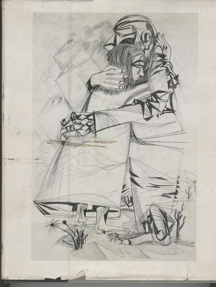 The book page show an illustrated man and woman embracing in a a farm with a city in the background. The illustration is black and white and the human forms are angular.