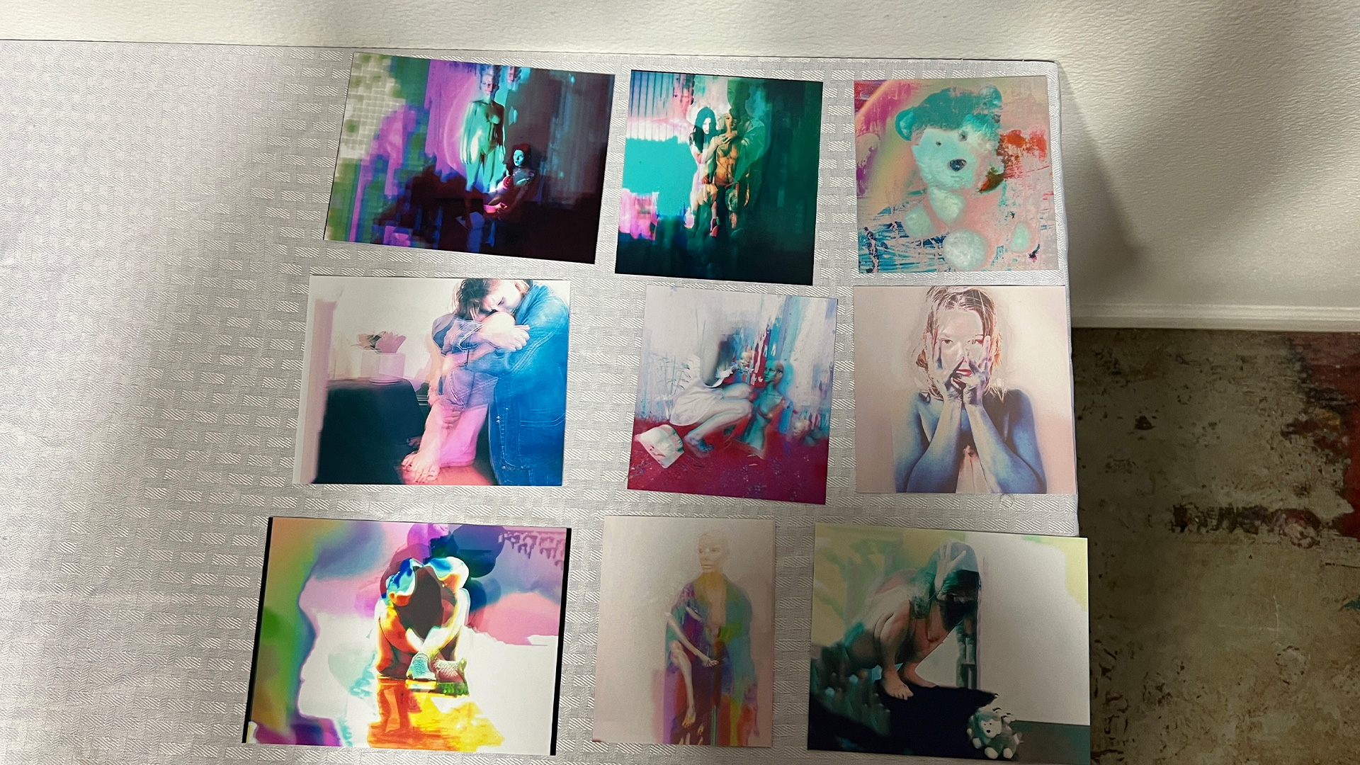 There is a 3x3 collage of images by Theller which include herself and various items used in her pieces. They are all discolored in certain ways.