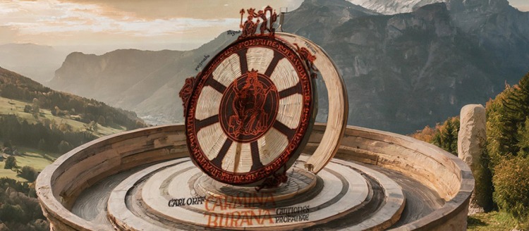 AI generated image of a stone wheel in a mountainous scene. The wheel has an overlay of the Carmina Burana original program.