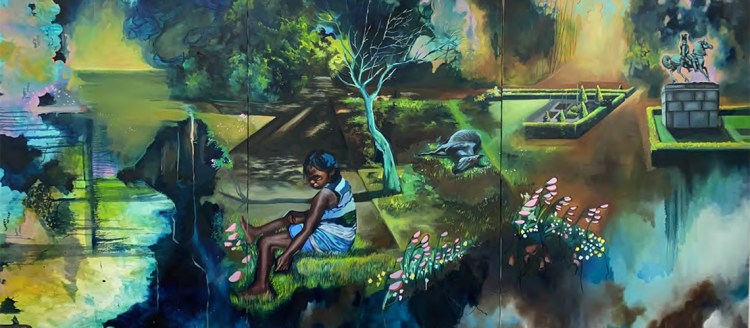 Surreal painting of a girl in a garden that is melting into a cavernous emptiness.